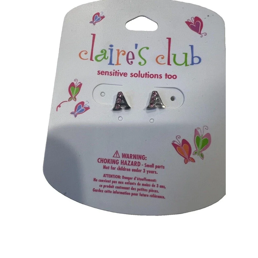 Claire's Club Letter A Pendant Necklace 15in Chain and A Earings Pink Silver